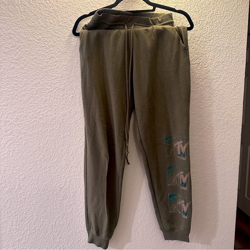 MTV Olive Green Joggers XS Retro Logo Comfy Drawstring Waist Lounge Vintage